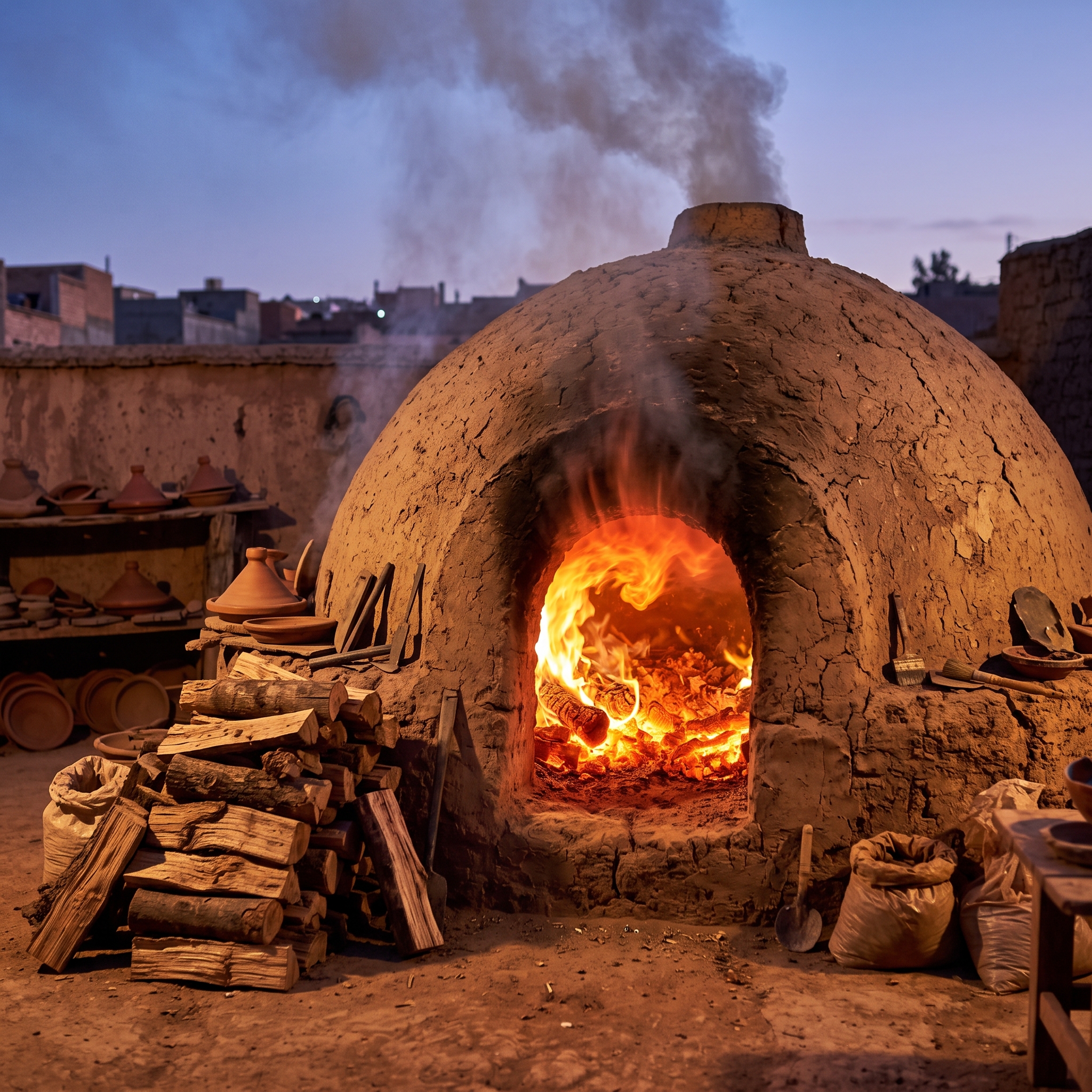Traditional pottery kiln with glowing embers