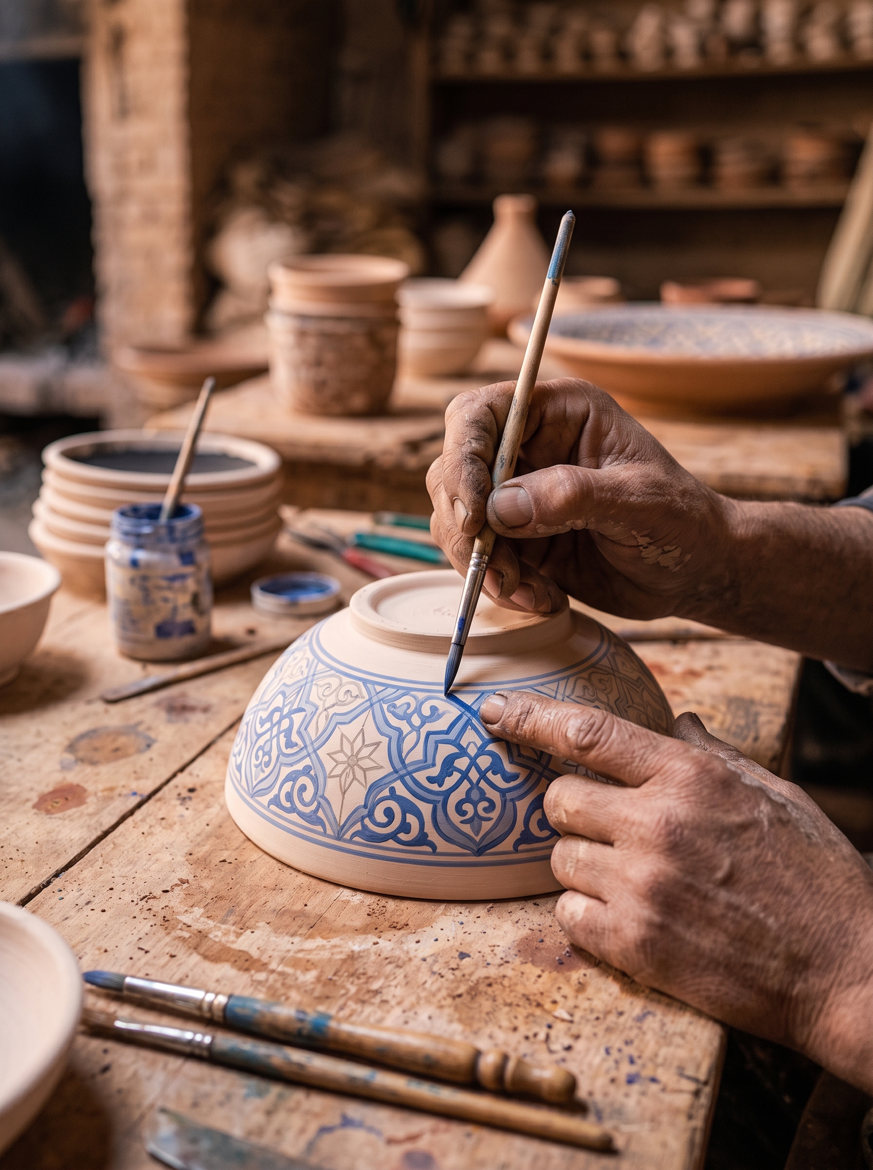 Artisan hand-painting a ceramic with fine brush