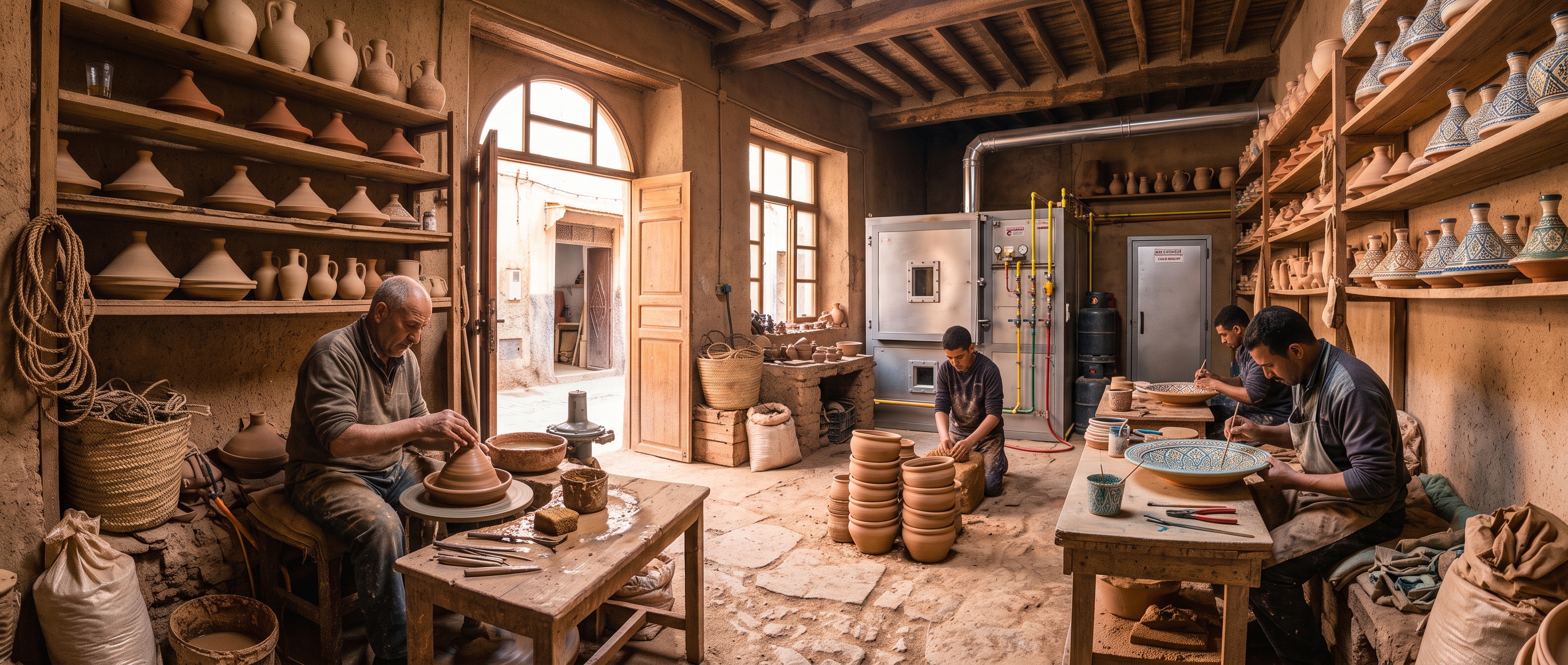 Safi pottery workshop with artisans working at pottery wheels