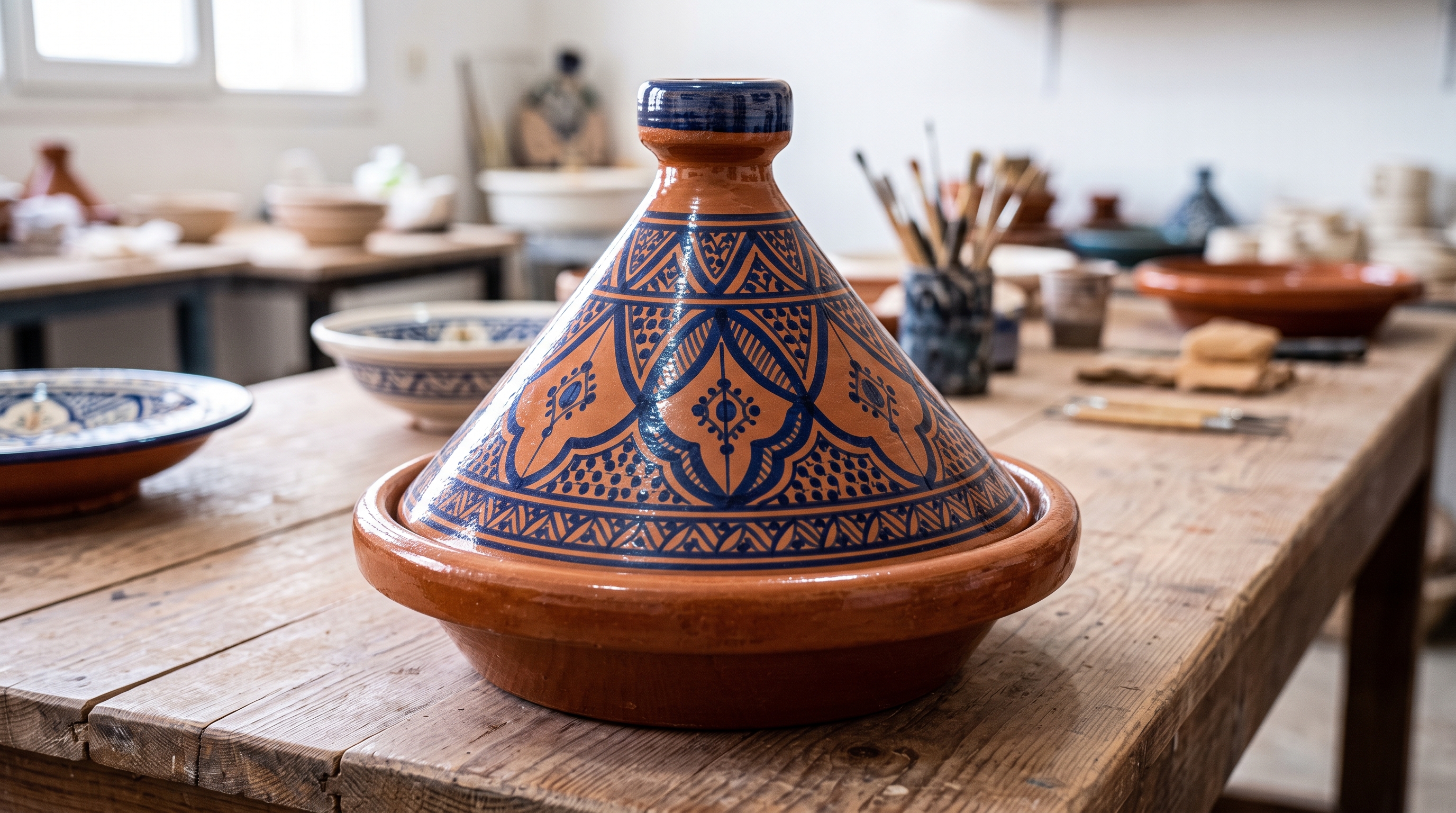 Traditional Safi ceramic tagine with hand-painted blue patterns