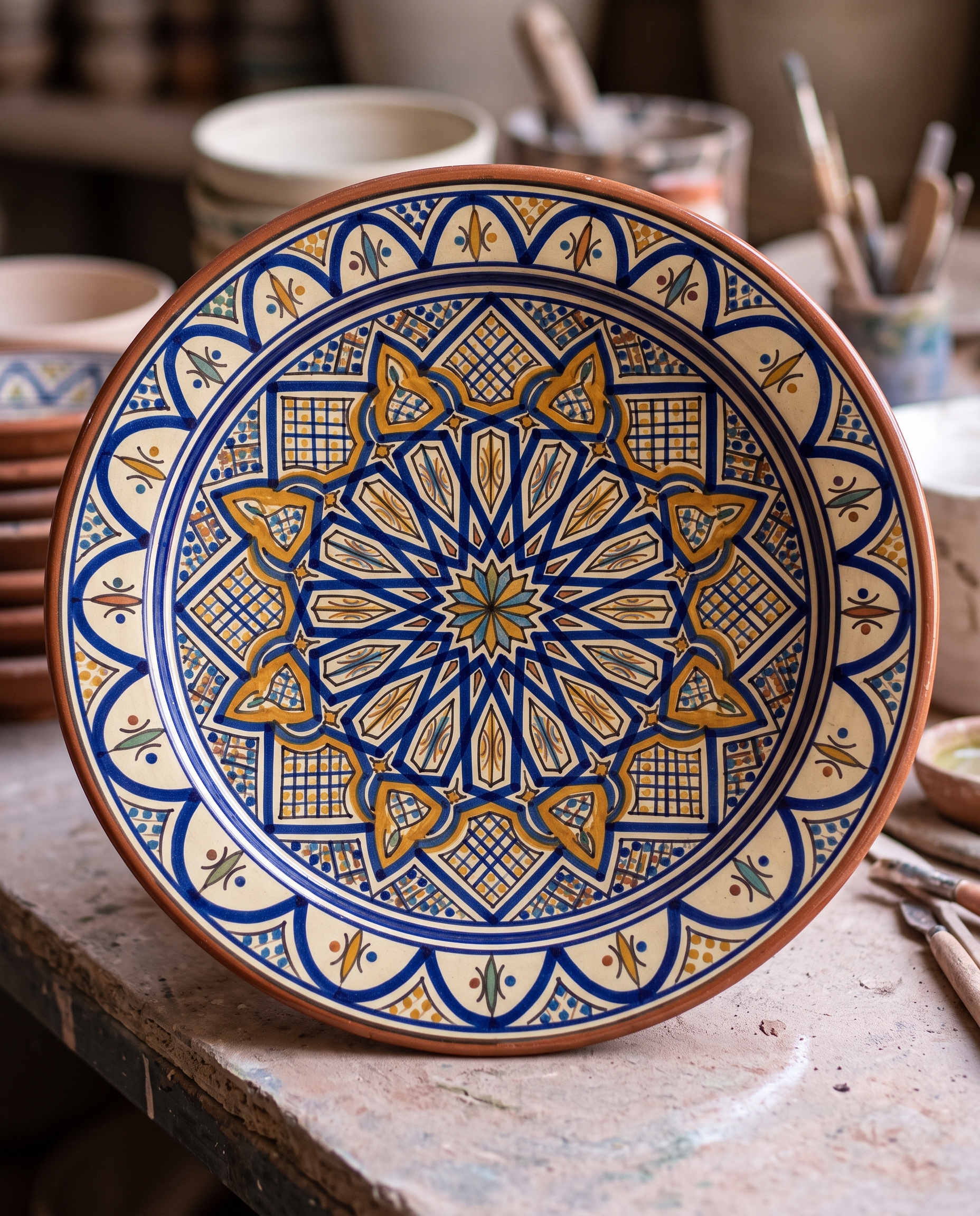 Colorful Safi pottery plates with intricate geometric patterns