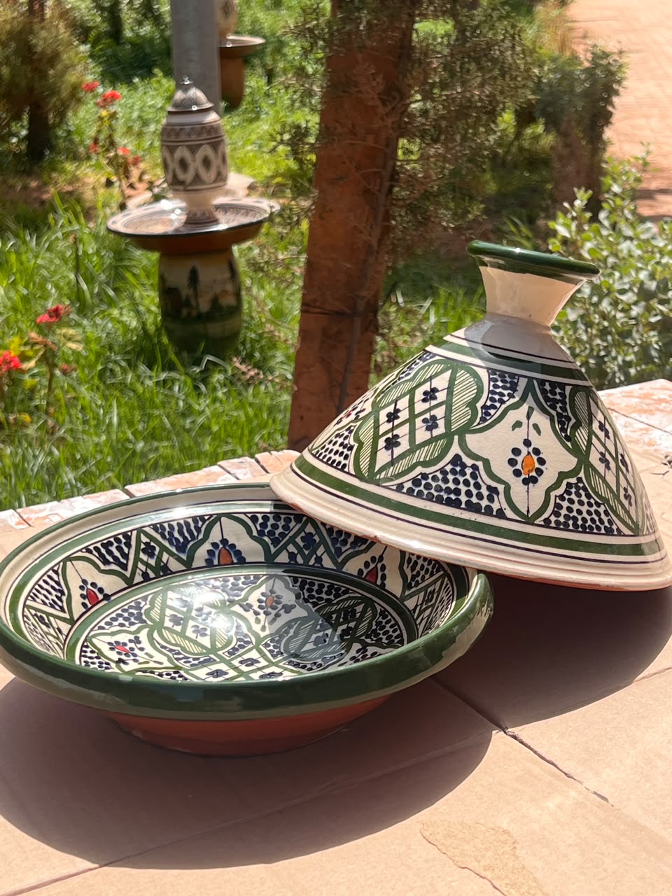 Traditional Safi ceramic tagine with hand-painted cobalt blue floral patterns