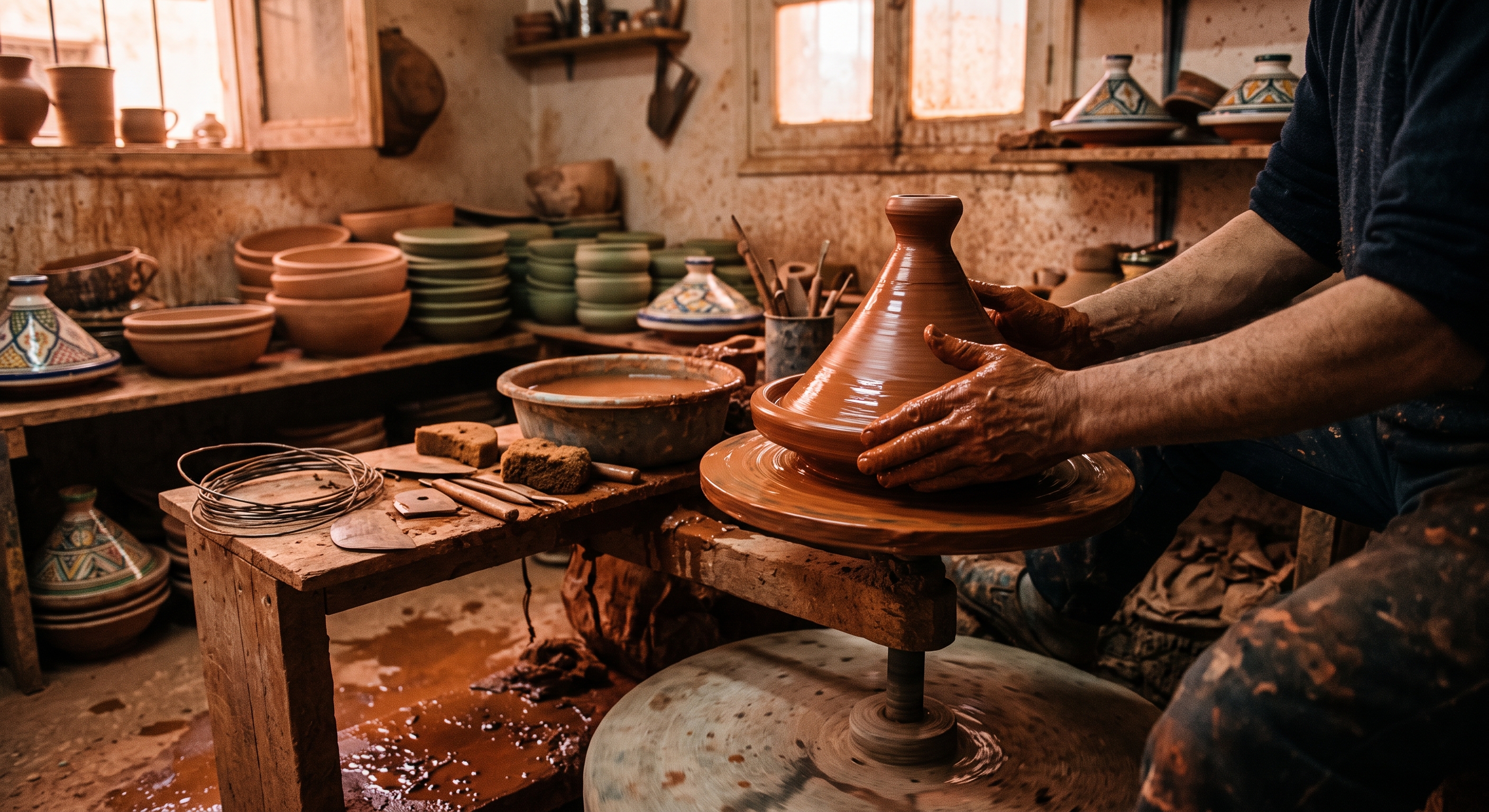 Artisan shaping clay on a traditional potter's wheel